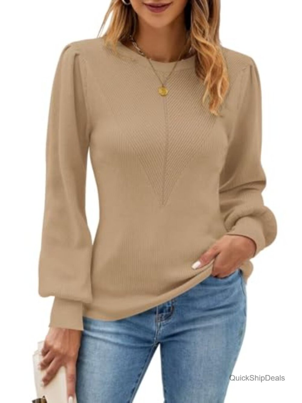 Womens Ribbed Knit Crewneck Long Sleeve Pullover Sweater Slim Fit